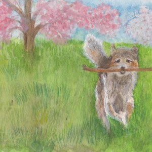 Cartolina | cane | prato | giocare | Primavera | spensierato | Waldorf | Acquerello | Animale domestico |fiori rosa | Bastardo | luminoso | Verde |