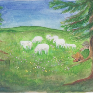 cartolina | Pastorello | Scuola | acquerello | dipinto a mano | tavolo stagionale | Primavera | prato | ragazzo suonatore di flauto | pecora | agnello |