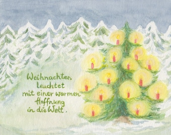 Carte postale | Noël | Arbre de Noël | Bougies | forêt enneigée | espoir | Table de saison | Arbres de Noël | lumière | Waldorf | Calme