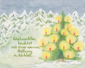 Postcard | Christmas | Christmas tree | candles | snowy forest | hope | seasonal table | fir trees | light | Waldorf | tranquility