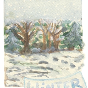 Cartolina | Inverno | Neve | Foresta | Tavola stagionale | Scuola | Acquerello | dipinto a mano | Abeti | Paesaggio | piccolo regalo | Ghiaccio