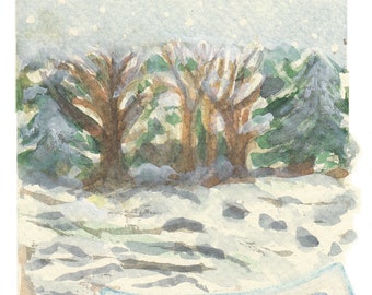 Postkarte | Winter | Schnee | Wald | Jahreszeitentisch | Waldorf | Aquarell | handgemalt | Tannenbäume | Landschaft | kleines Geschenk | Eis