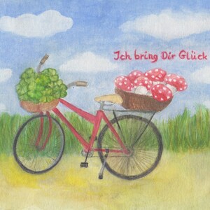 postal | amuleto de la suerte | cumpleaños | Felicitaciones | deseándote suerte | los afortunados trébol de la suerte | Bicicleta | clima perfecto para una foto Confianza |
