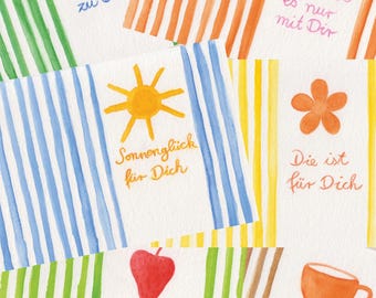 Conjunto de 6 postais | FELICIDADE LISTRA | Presente | Saudações no meio | mensagens positivas para pessoas adoráveis | cartões de bom humor | aquarela