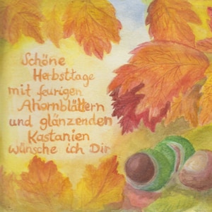 Carte postale | Belles journées d'automne | cordialement | Feuilles d'érable | Waldorf | peint à la main | Aquarelle | texte poétique | Table de saison |