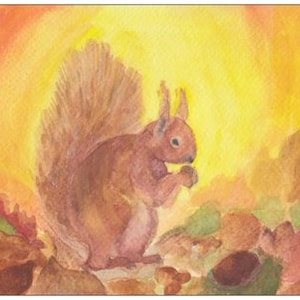 Postal | Ardilla | Mesa de temporada | Saludos de otoño | Waldorf | pintado a mano | Acuarela | Animal del bosque | Bosque | Sol | colores cálidos | Luz