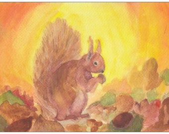 Carte postale | Écureuil | Table de saison | Salutations d'automne | Waldorf | peint à la main | Aquarelle | Animal de la forêt | Forêt | Soleil | couleurs chaudes | Lumière
