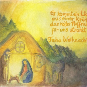 Postkarte | Weihnachten | Es kommt ein Licht | Krippe | Maria und Josef | Waldorf | Jahreszeitentisch | Aquarell | warme Farben | handgemalt