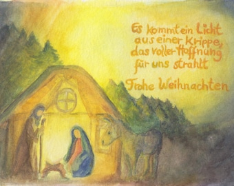 Postcard | Christmas | A light is coming | Nativity scene | Mary and Joseph | Waldorf | Seasonal table | Watercolor | Warm colors | Hand-painted