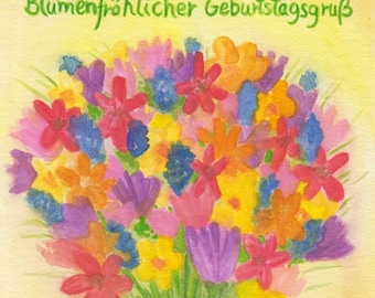 Postkarte | Geburtstag | Geburtstagsgruß mit Blumen | Blumenstrauß | farbenfroh | herzlich | Aquarell | Waldorf | Jahreszeitentisch | bunt