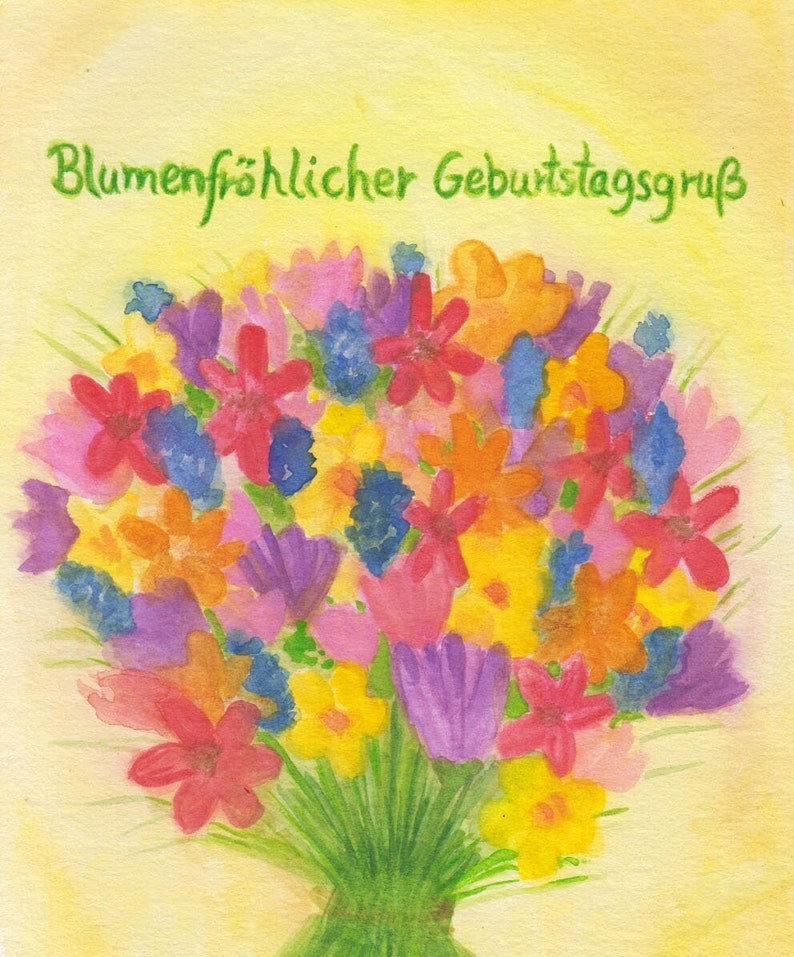 Carte postale anniversaire Voeux d'anniversaire avec des fleurs Bouquets coloré chaleureusement Aquarelle Waldorf Table de saison coloré image 1