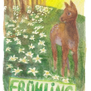 Postkarte | Frühling | Waldorf | Reh | Wald | Licht | Aquarell | handgemalt | Jahreszeiten | Wildblumen | Tier | Sonnenstrahlen | blühen