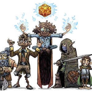 Könnte beinhalten: Illustration einer Fantasy-Rollenspielgruppe. Die Gruppe umfasst einen Zwerg mit einer Axt, eine satyrartige Figur, einen Zauberer, einen Elfen mit Schwert und Schild und einen kleinen Elfen mit einem Schwert. Ein zwanzigseitiger Würfel schwebt über der Gruppe.