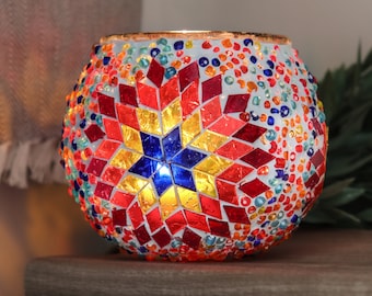 Hand Made Mosaic Glass Votive Candle Holder (Set of 2), Bohemian, Boho Chic, Hippie Aesthetic, Unique Mosaic Home Decor, Turkish Glass Decor