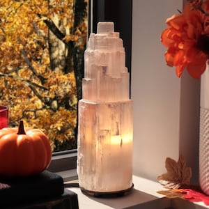 Natural Selenite Crystal Lamp, Grade A Quality, Selenite Tower, Ethically Sourced, White Light, Dimmable Lamp, SummerWeen Home Decor