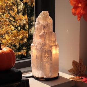 Selenite Crystal Tower Lamp, Ethically Sourced, Dimmable White Light