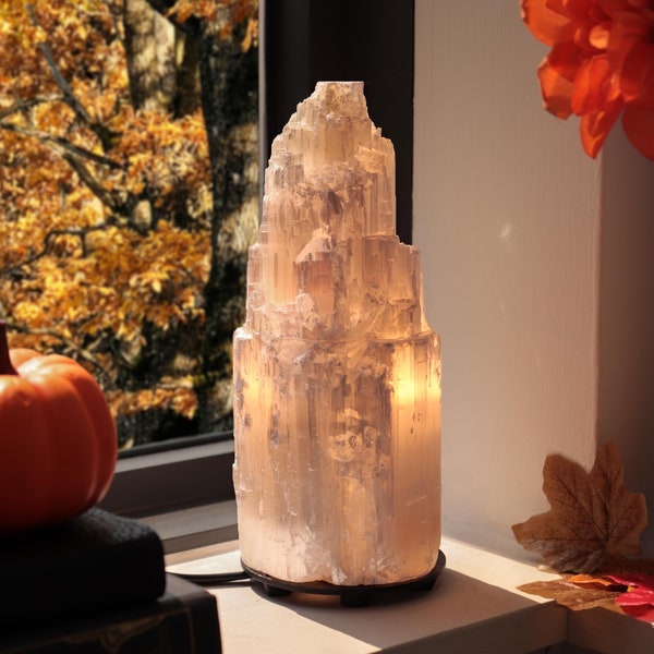 Selenite Crystal Tower Lamp, Ethically Sourced, Dimmable White Light