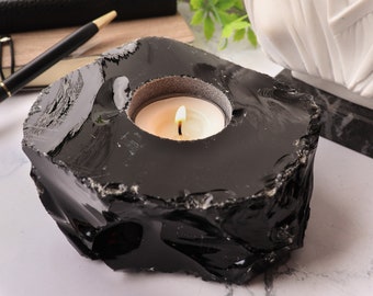 Black Obsidian Candle Holder, Tealight Holder, Natural Crystal Home Decor, Ethically Sourced, Raw Crystal Chunk