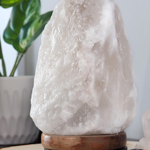 May include: A large, white Himalayan salt lamp with a wooden base. The lamp is sitting on a wooden slice.