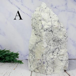 May include: A large, irregularly shaped white stone with dark gray veining. The stone has a rough texture and a natural, organic form. The letter "A" is visible in the upper left corner. The stone is displayed on a light wood surface.