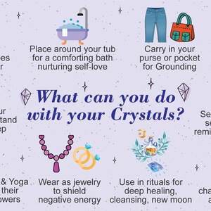 May include: An illustrated guide on a purple background with the text "What can you do with your Crystals?" Various images show crystal uses, including home decor, grounding, and meditation.