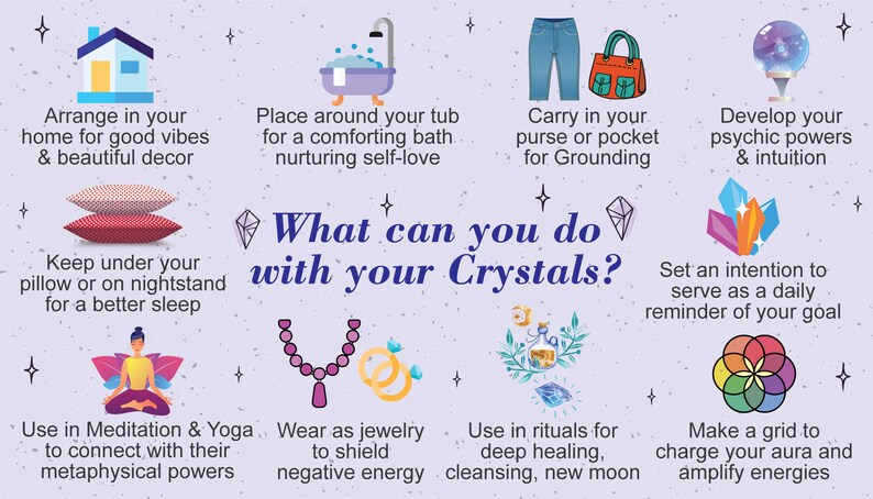 May include: An illustrated guide on a purple background with the text "What can you do with your Crystals?" Various images show crystal uses, including home decor, grounding, and meditation.