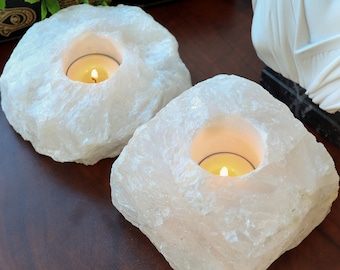 Set of 2 Clear Quartz Candle Holders, Raw Crystal Home Décor, Ethically Sourced