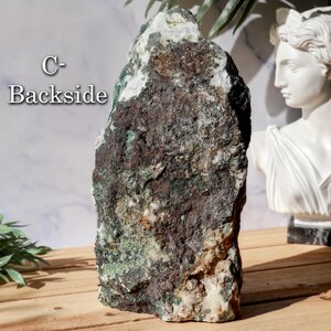May include: A large, rough-hewn stone with a mix of dark brown, green, and white hues. The text "C- Backside" is visible on the left side of the stone. The stone is displayed on a wooden surface.