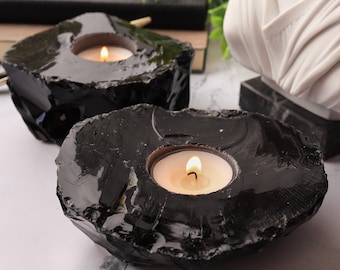 Set of 2 Black Obsidian Candle Holders, Raw Crystal Home Decor, Ethically Sourced, Tealight Candles