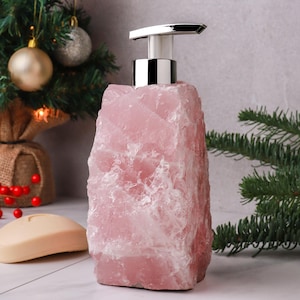 Rose Quartz Soap Dispenser, Ethically Sourced Crystal Bathroom Decor