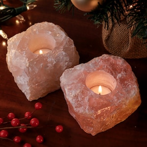 Set of 2 Rose Quartz Candle Holders, Raw Crystal Home Décor, Meditation Accent