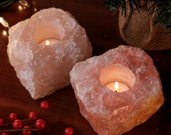 Set of 2 Rose Quartz Candle Holders, Natural Crystal Home Décor, Ethically Sourced, Raw Crystal Chunk