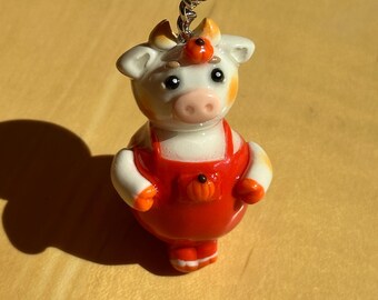 Llavero de vaca calabaza de otoño / Dije de bolso de otoño / Dije miniatura / Dije kawaii / Estética cottagecore / Arcilla polimérica / Amante del otoño / Arte otoñal