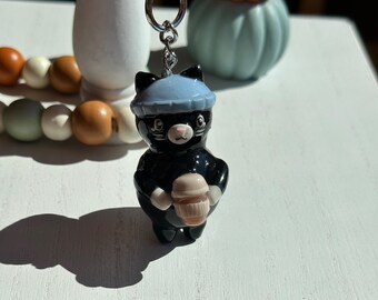 Llavero de gato amante del café / Charm para bolso de otoño / Charm miniatura / Charm kawaii / Decoración cottagecore / Arcilla polimérica / Amante del otoño / Arte otoñal
