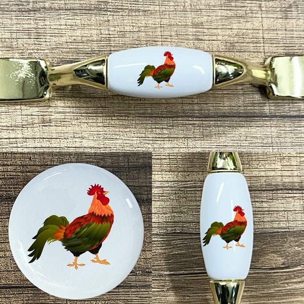 Colorful Rooster home decor handle kitchen cabinet door drawer pull chrome or brass white ceramic insert