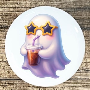 May include: A cartoon illustration of a friendly ghost wearing star-shaped sunglasses and enjoying a cold beverage with a straw. The ghost is white with a purple hue, and the drink is in a clear cup.