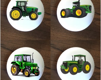 4 Green Farm Tractors Combine home decor ceramic knobs kitchen cabinet door or drawer pull white
