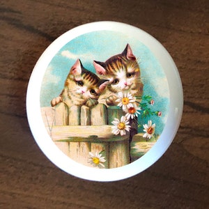 Kittens cats flowers fence home decor ceramic knob kitchen cabinet door or drawer pull white