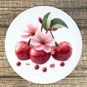 May include: A white ceramic plate featuring a vibrant design of ripe red cherries, adorned with delicate pink cherry blossoms and green leaves. Small red accents and pink flower details complete the design, creating a fresh, fruity theme.