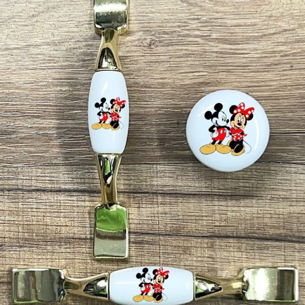 Mickey Minnie Mouse home decor ceramic knob kitchen cabinet door or brass or chrome drawer pull white