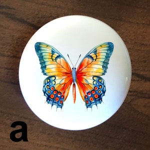 May include: A white ceramic knob with a colorful butterfly design. The butterfly has blue, orange, and yellow wings with black and white spots.