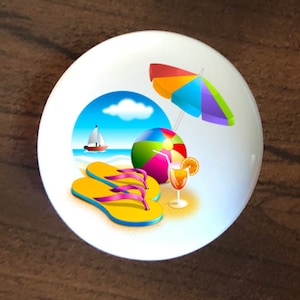 Beach flip flops umbrella beach ball home decor ceramic knob kitchen cabinet door or drawer pull white