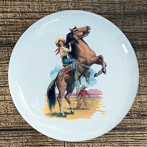May include: A white ceramic plate with a colorful illustration of a cowboy riding a rearing brown horse. The cowboy is wearing a blue shirt, jeans, and a brown hat. The horse is brown with a white mane and tail. The background is a blue sky with white clouds.