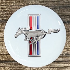 May include: A white round sticker with a silver Mustang logo. The logo features a running horse with a red, white, and blue stripe background.