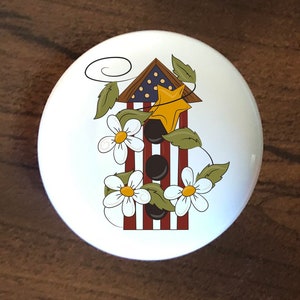 Red White and Blue Birdhouse home decor ceramic knob kitchen cabinet door or drawer pull white