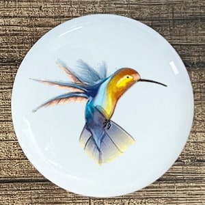 May include: A colorful hummingbird with blue, yellow, and orange feathers is depicted in a watercolor style on a white background.