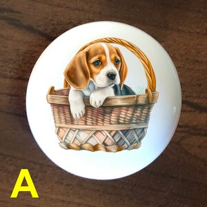 May include: A white ceramic knob with a brown wicker basket and a beagle puppy inside. The puppy is looking to the left and has brown, black, and white fur.