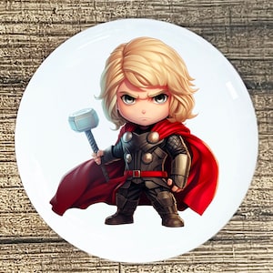 May include: A cartoon illustration of Thor, a superhero from Marvel Comics, holding a hammer. He is wearing a red cape and a silver and black armor.