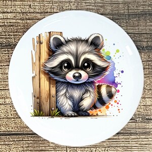 May include: A white ceramic plate featuring a cartoon raccoon with large eyes, leaning against a wooden fence. The raccoon is gray and white with a pink nose. Colorful paint splatters surround the raccoon.