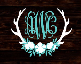 2 Color Vine Antler Cotton Bloom Wreath Monogram Decal, Custom Monogram Vinyl Sticker, Monogram Gifts, Car Decal, Gift for Her, Gift for Mom